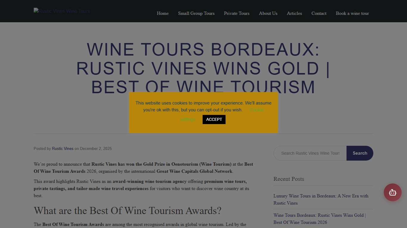 Wine Tours Bordeaux: Rustic Vines Wins Gold | Best Of Wine Tourism 2026 - Rustic Vines Wine Tours