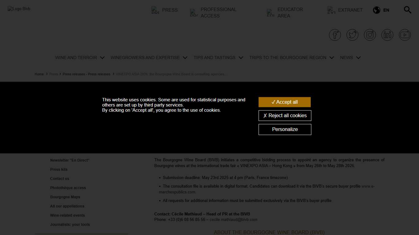 Press releases - Bourgogne wines - VINEXPO ASIA 2026: the Bourgogne Wine Board is consulting agencies... - Bourgogne wines